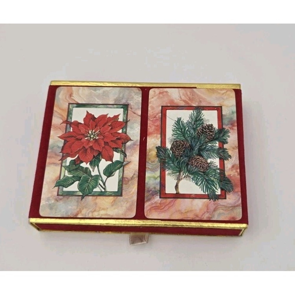 Vintage Congress Double Deck Of Playing Cards Holiday Pointsettia Pine Case